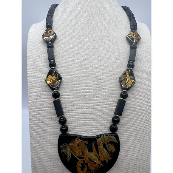 Vintage Black Wooden Lacquer Hand Painted Asian Dragon Abstract Japan Necklace - Picture 3 of 8